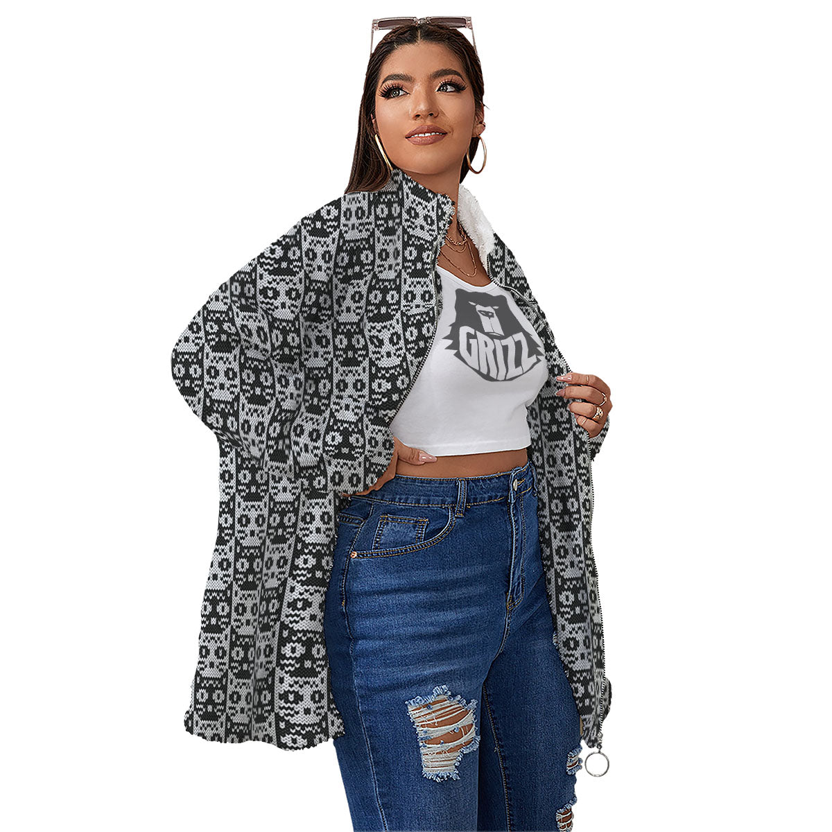 Knitted Black Cat Print Pattern Women's Sherpa Jacket-grizzshop