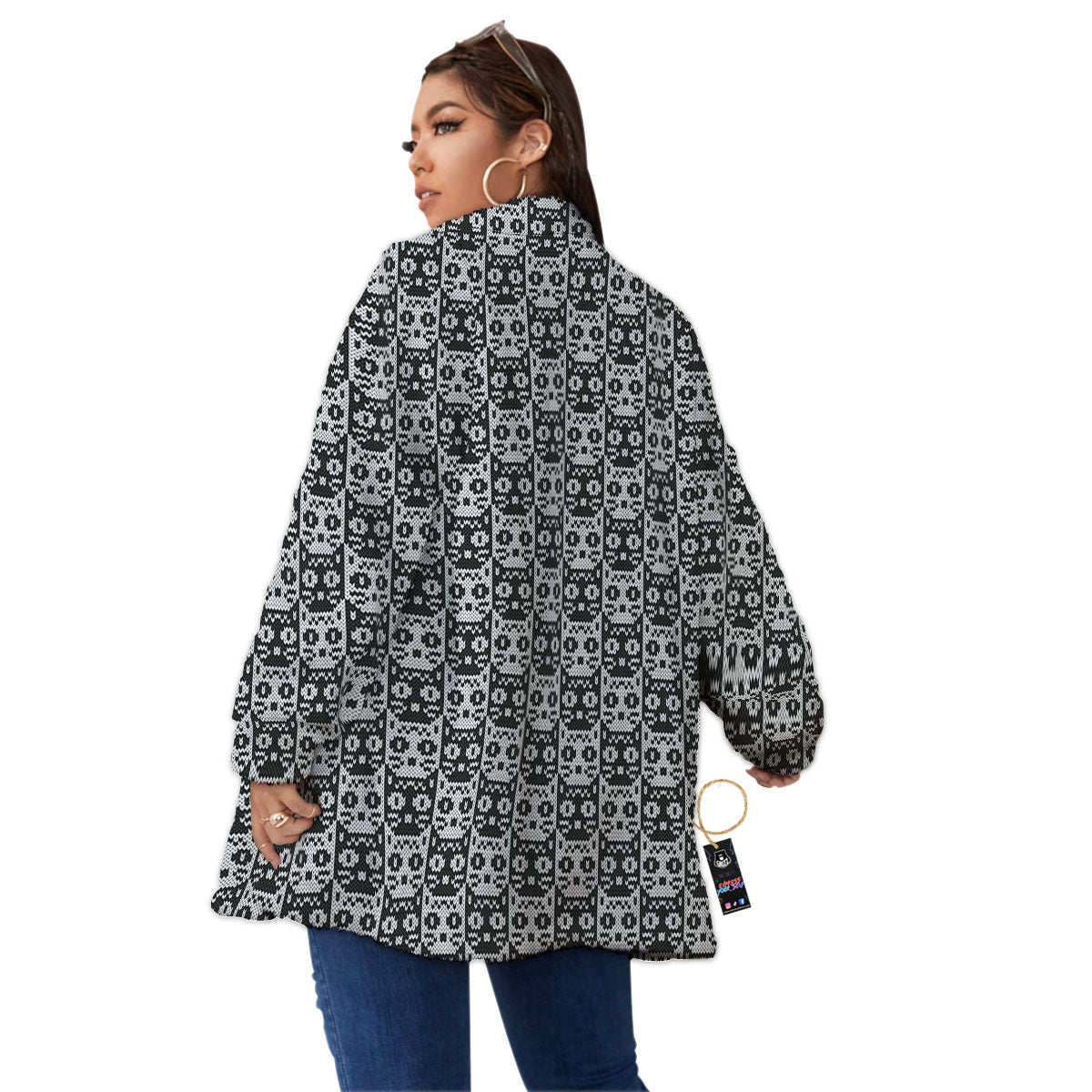 Knitted Black Cat Print Pattern Women's Sherpa Jacket-grizzshop