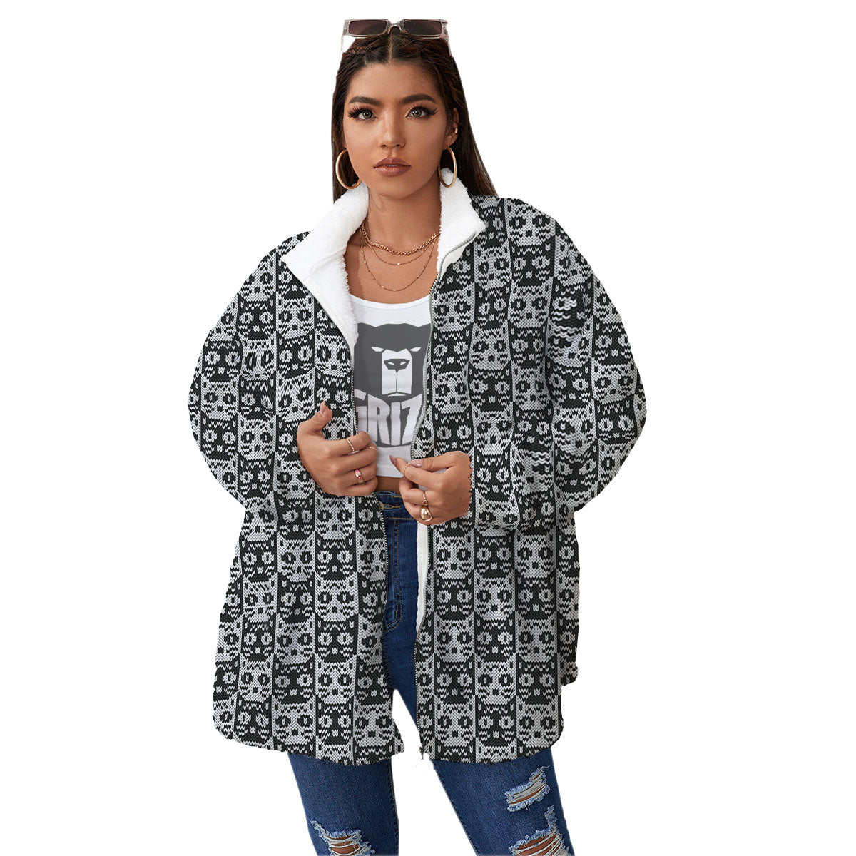 Knitted Black Cat Print Pattern Women's Sherpa Jacket-grizzshop