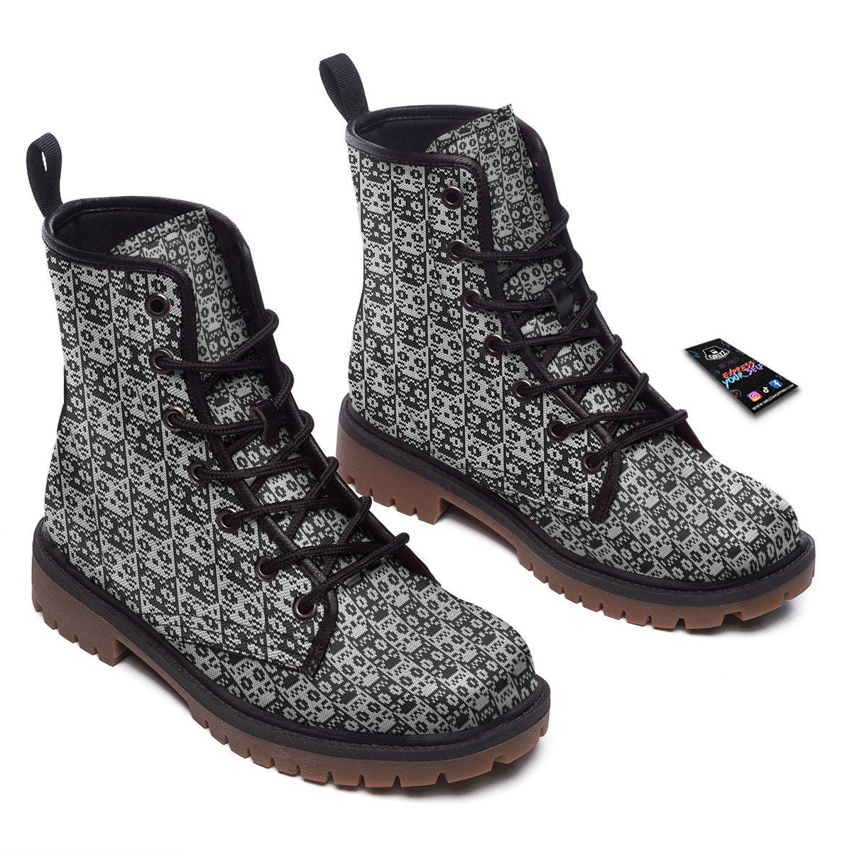 Knitted Black Cat Print Pattern Work Boots-grizzshop