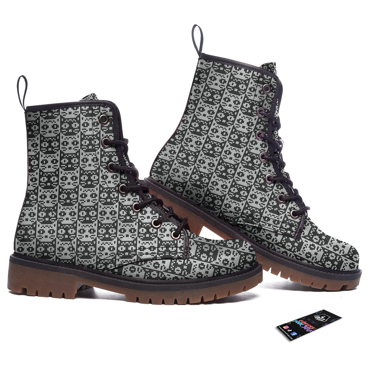 Knitted Black Cat Print Pattern Work Boots-grizzshop