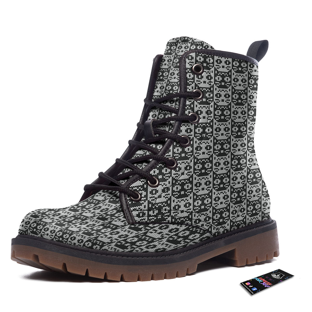 Knitted Black Cat Print Pattern Work Boots-grizzshop