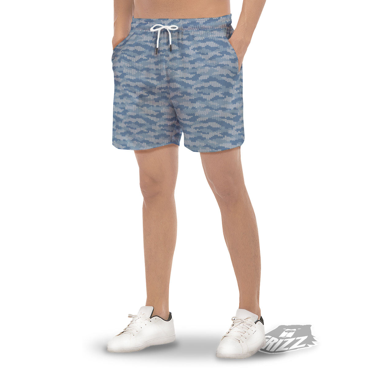 Knitted Blue Camouflage Print Pattern Men's Gym Shorts-grizzshop