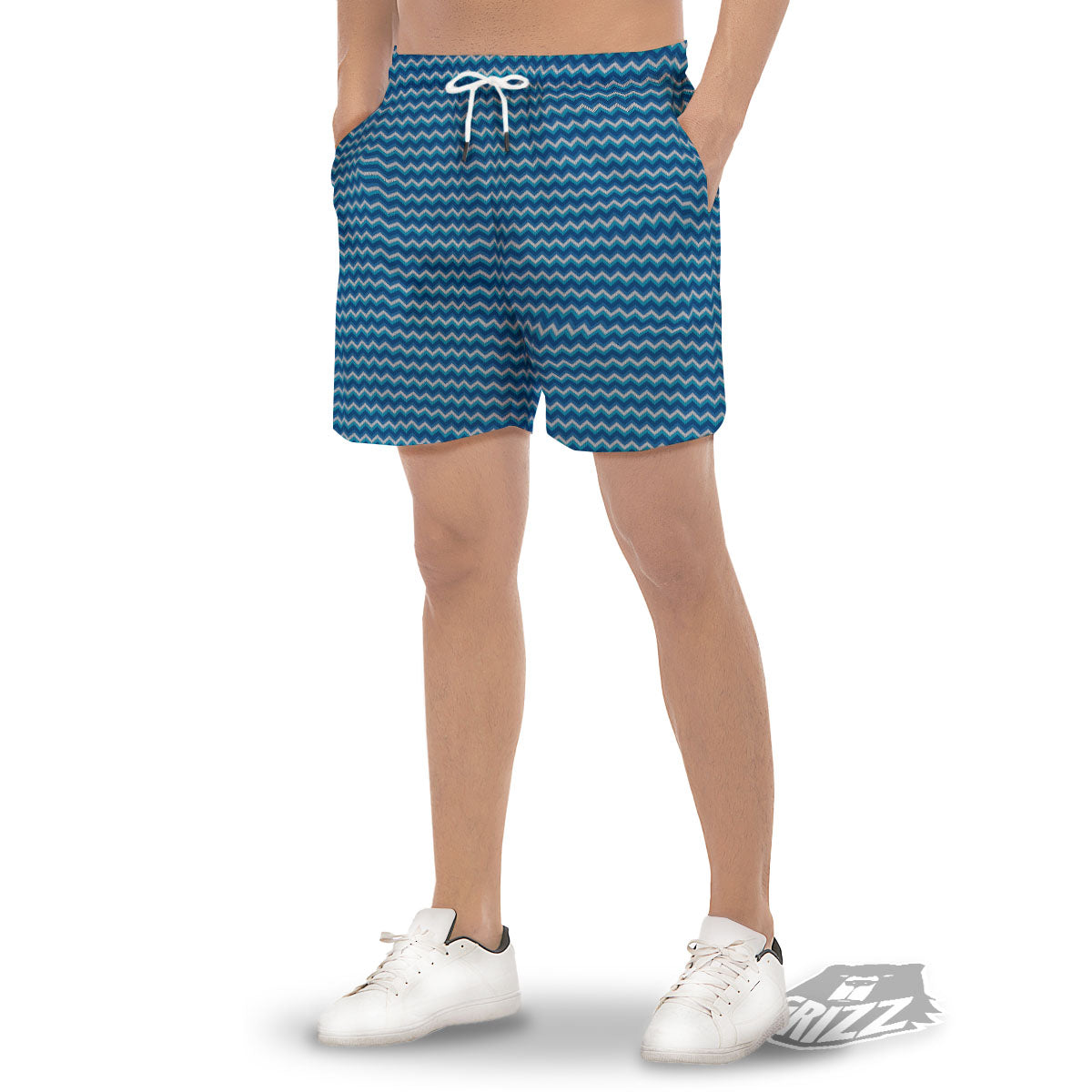Knitted Blue Chevron Print Pattern Men's Gym Shorts-grizzshop