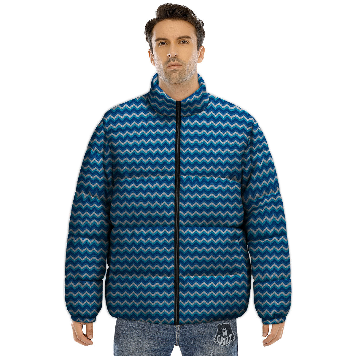 Knitted Blue Chevron Print Pattern Puffer Jacket-grizzshop
