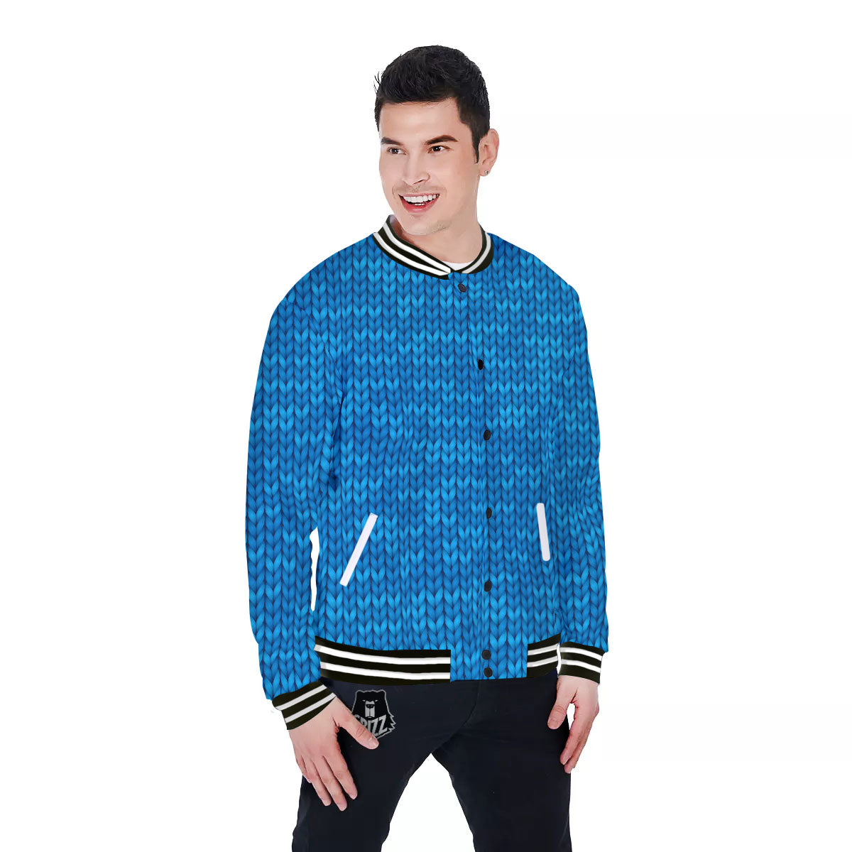 Knitted Blue Print Pattern Baseball Jacket-grizzshop