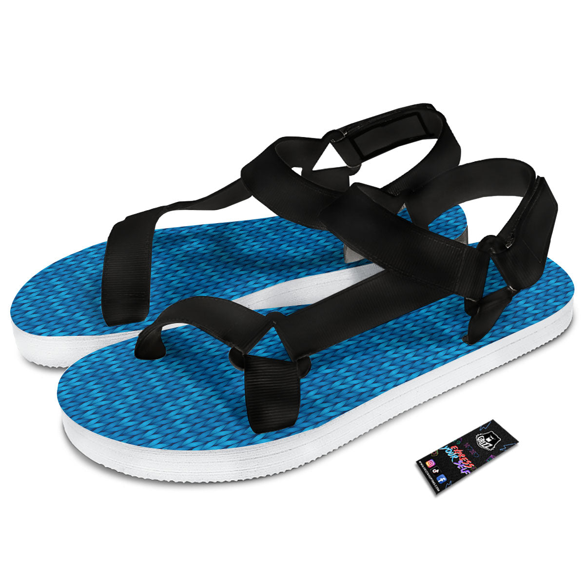 Knitted Blue Print Pattern Black Open Toe Sandals-grizzshop