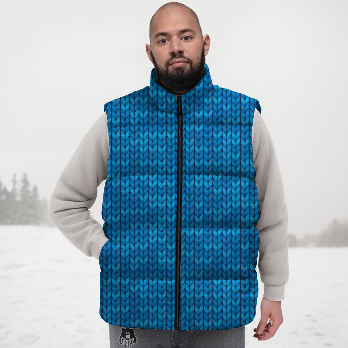 Knitted Blue Print Pattern Down Vest