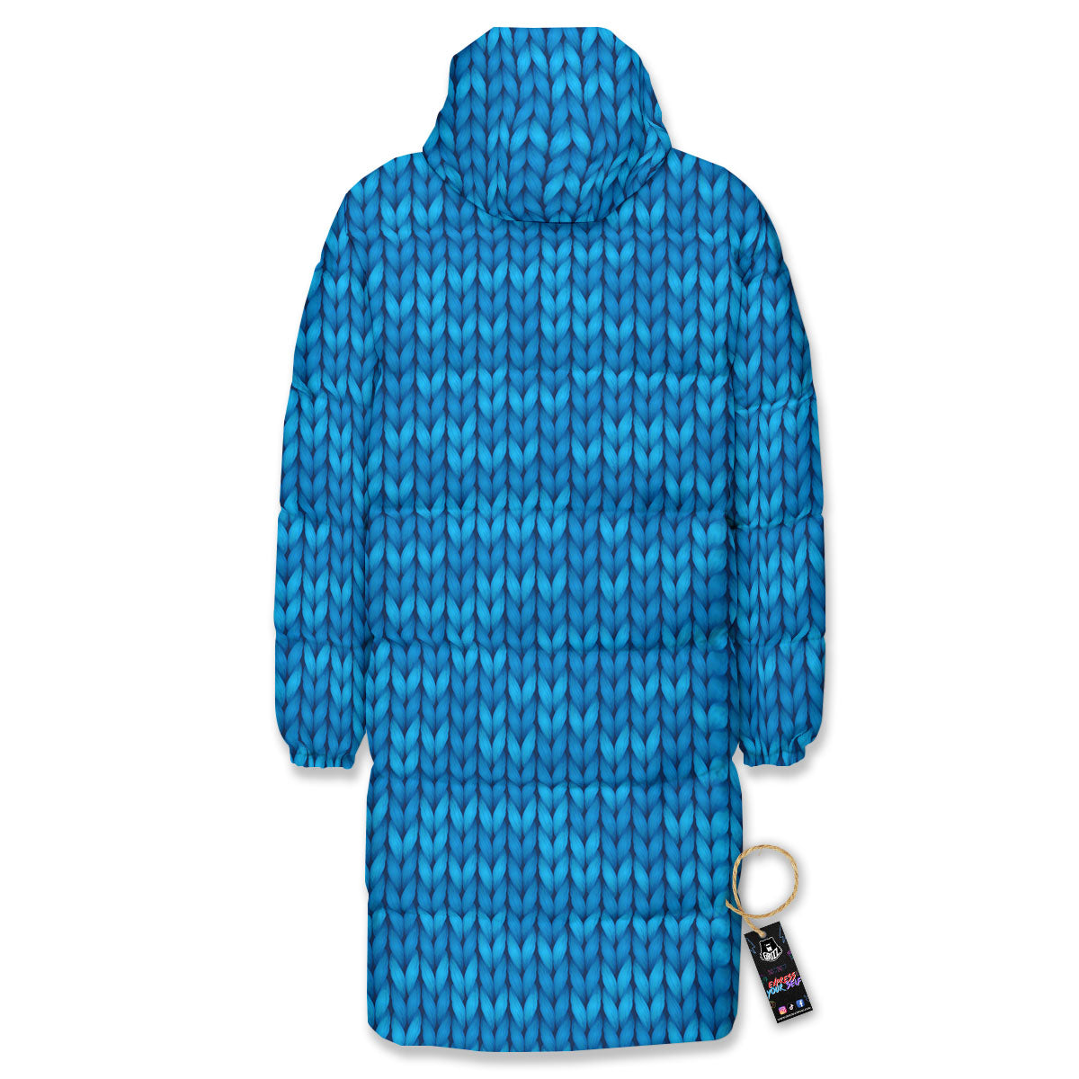 Knitted Blue Print Pattern Long Down Jacket-grizzshop