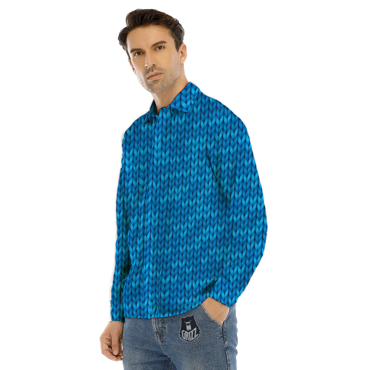 Knitted Blue Print Pattern Men's Dress Shirts-grizzshop