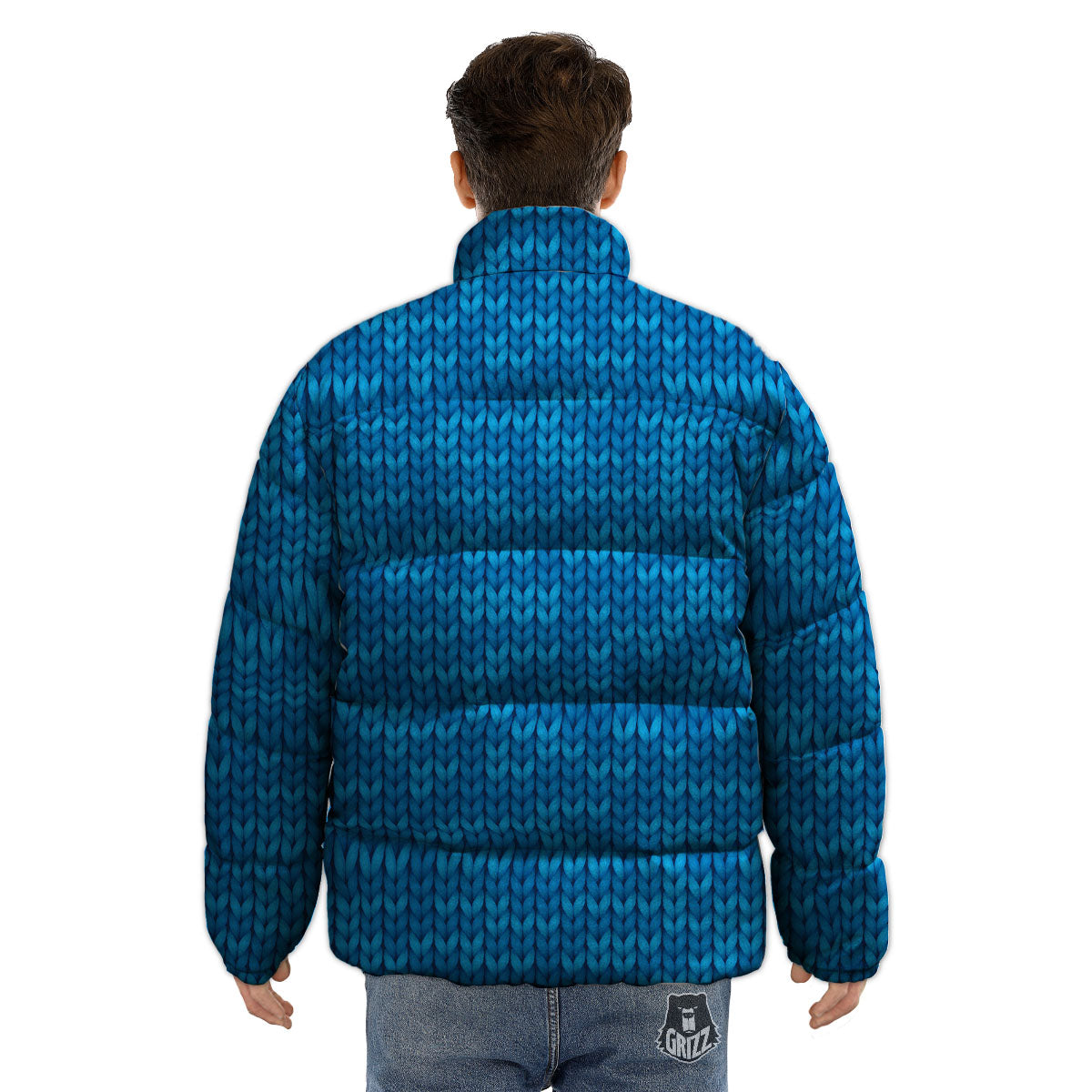 Knitted Blue Print Pattern Puffer Jacket-grizzshop