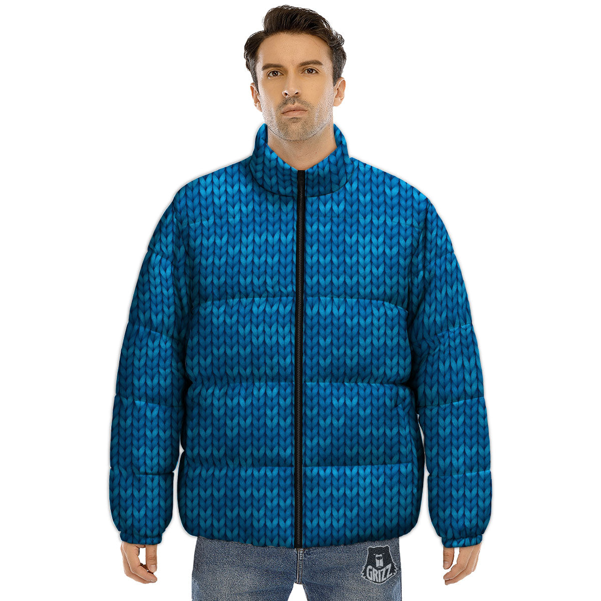 Knitted Blue Print Pattern Puffer Jacket-grizzshop