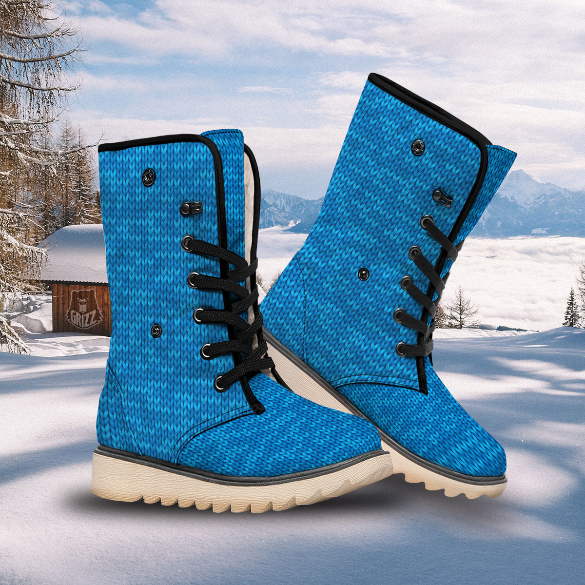 Knitted Blue Print Pattern Snow Boots-grizzshop