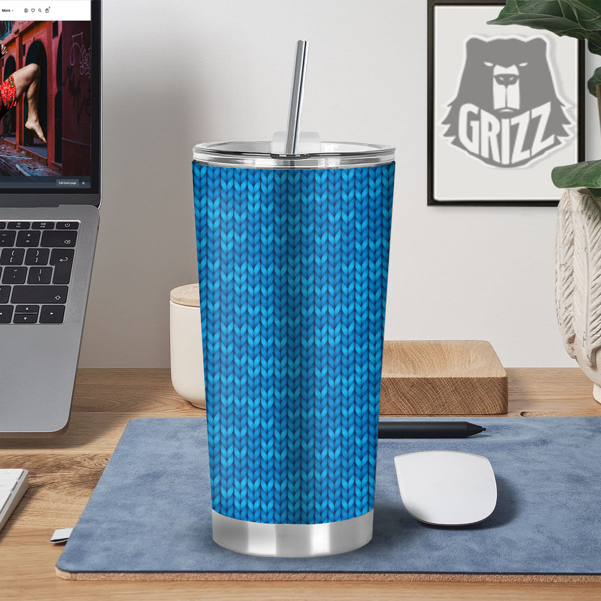 Knitted Blue Print Pattern Tumbler-grizzshop