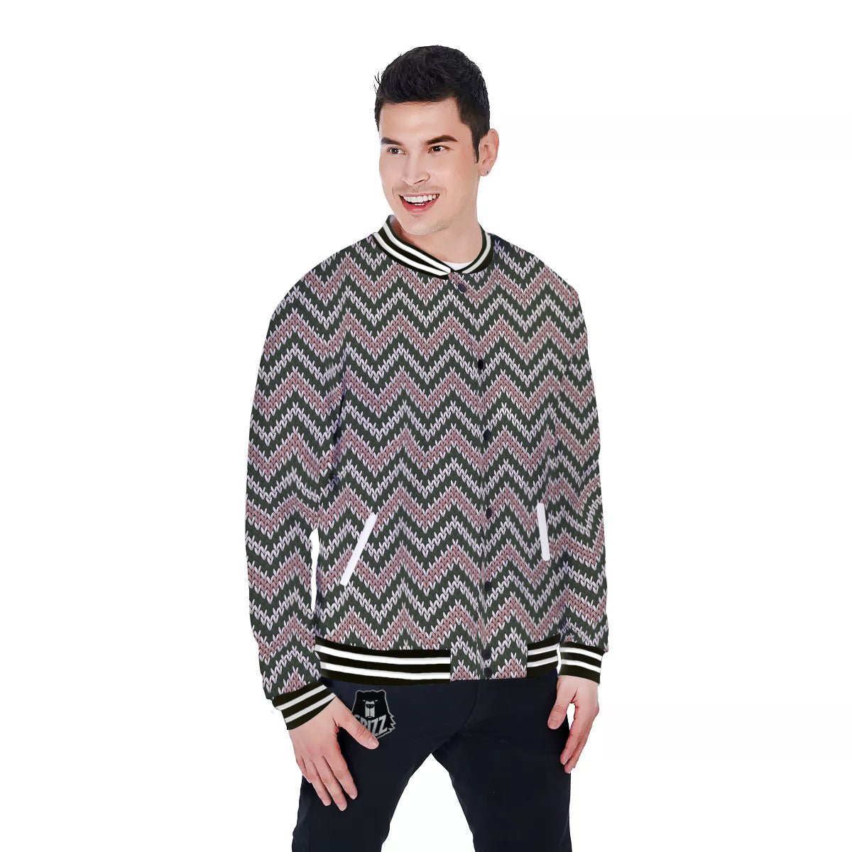Knitted Chevron Vintage Print Pattern Baseball Jacket-grizzshop