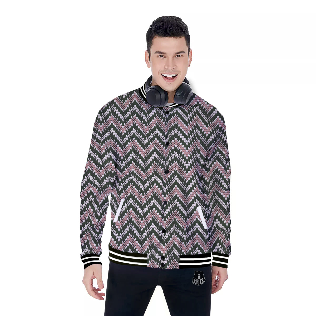Knitted Chevron Vintage Print Pattern Baseball Jacket-grizzshop