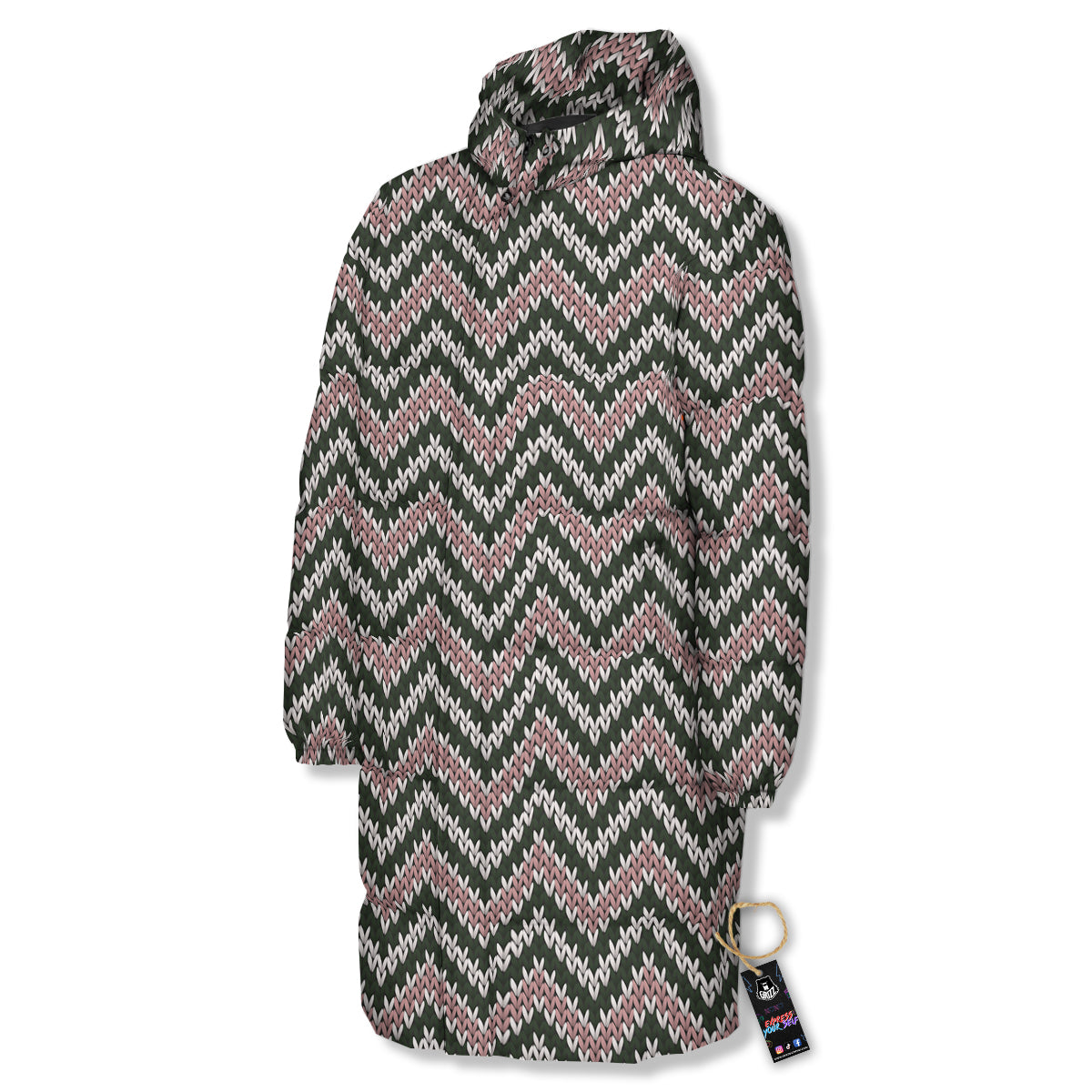 Knitted Chevron Vintage Print Pattern Long Down Jacket-grizzshop