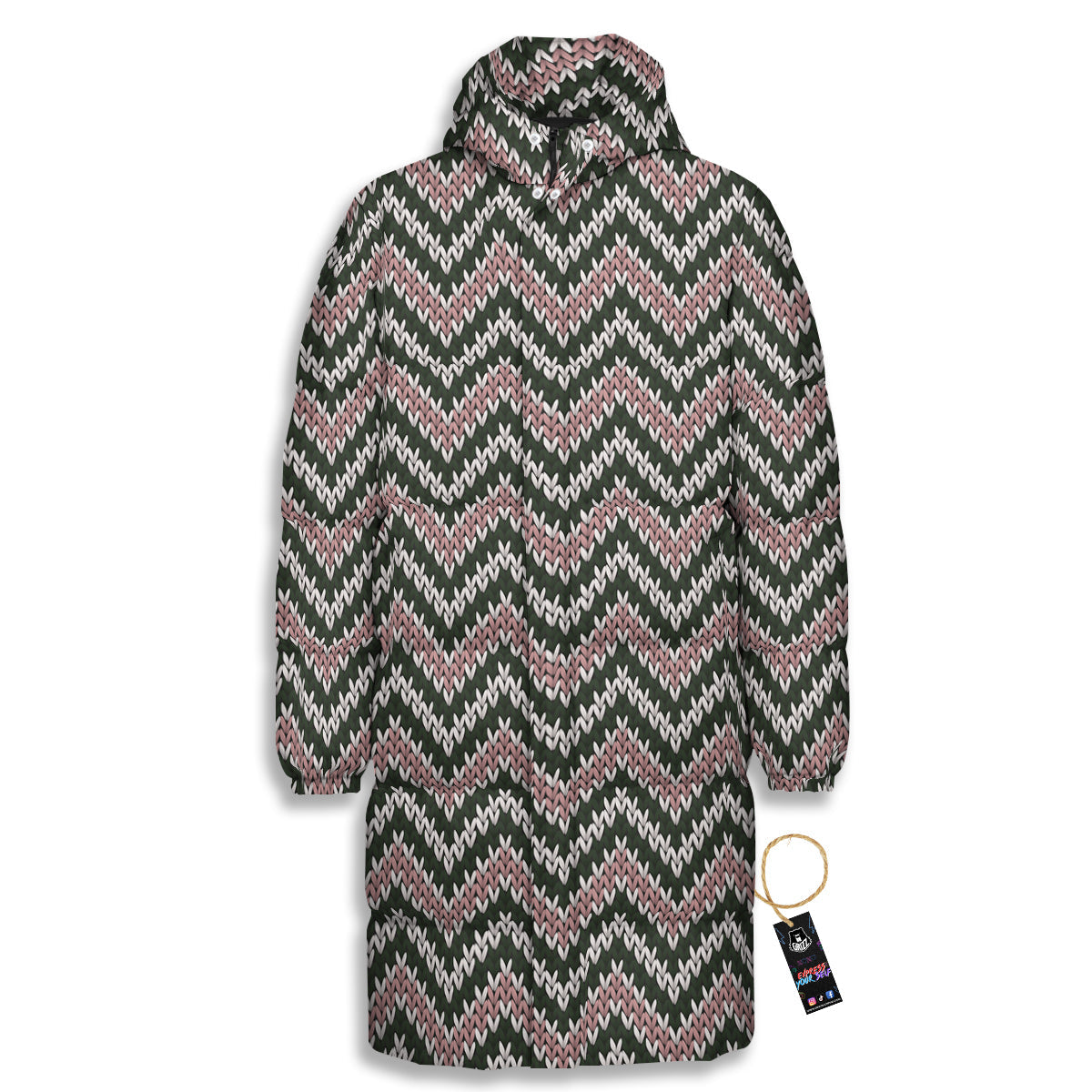 Knitted Chevron Vintage Print Pattern Long Down Jacket-grizzshop
