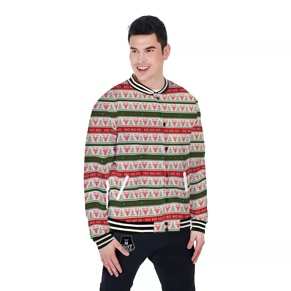 Knitted Christmas Print Pattern Baseball Jacket-grizzshop