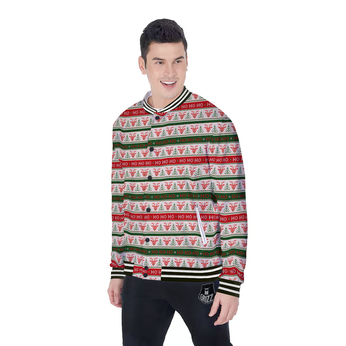 Knitted Christmas Print Pattern Baseball Jacket-grizzshop