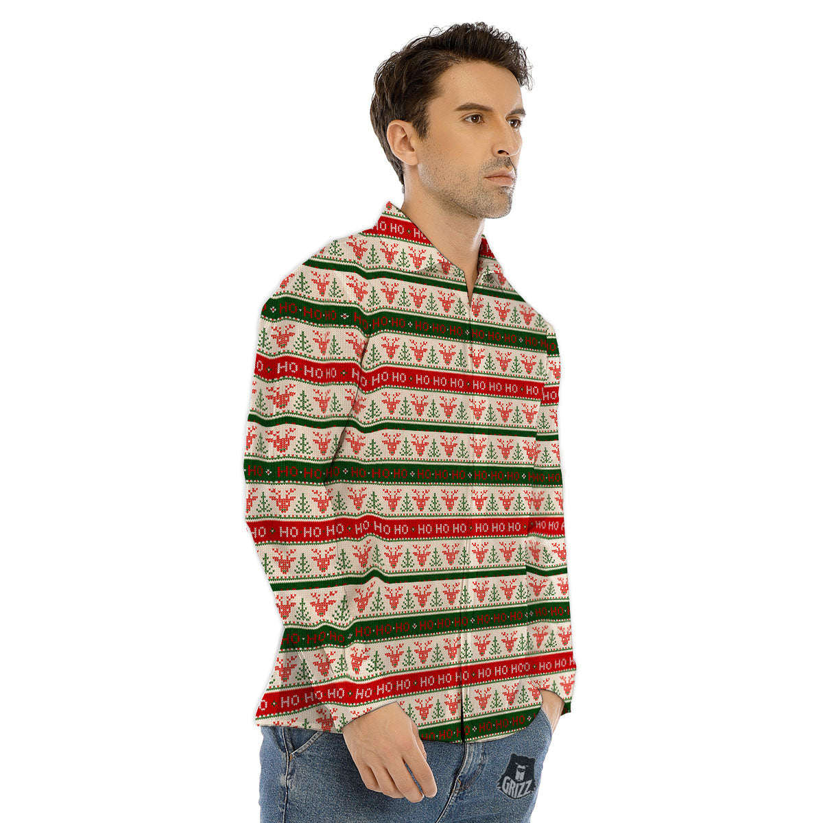 Knitted Christmas Print Pattern Men's Dress Shirts-grizzshop
