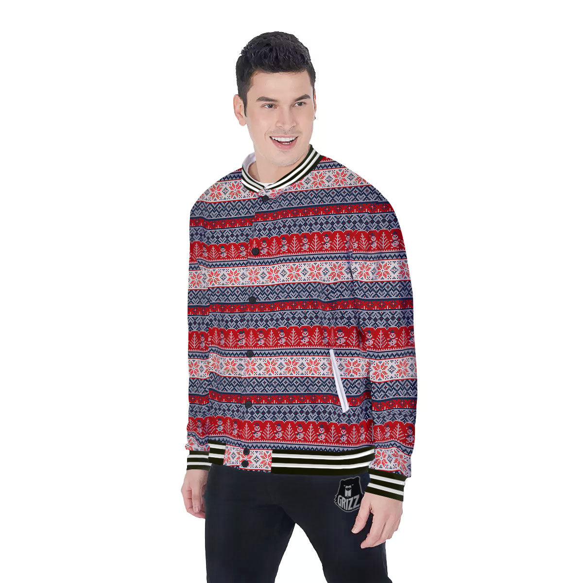 Knitted Christmas Snowman Print Pattern Baseball Jacket-grizzshop