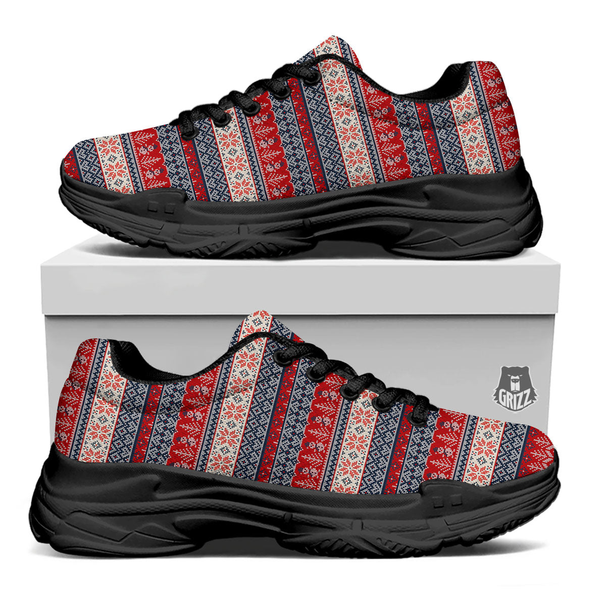 Knitted Christmas Snowman Print Pattern Black Chunky Shoes-grizzshop