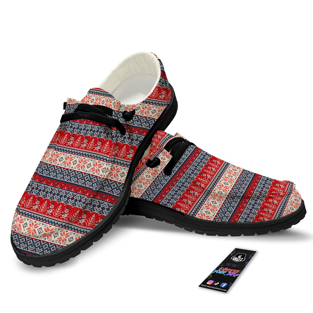 Knitted Christmas Snowman Print Pattern Black Loafers-grizzshop