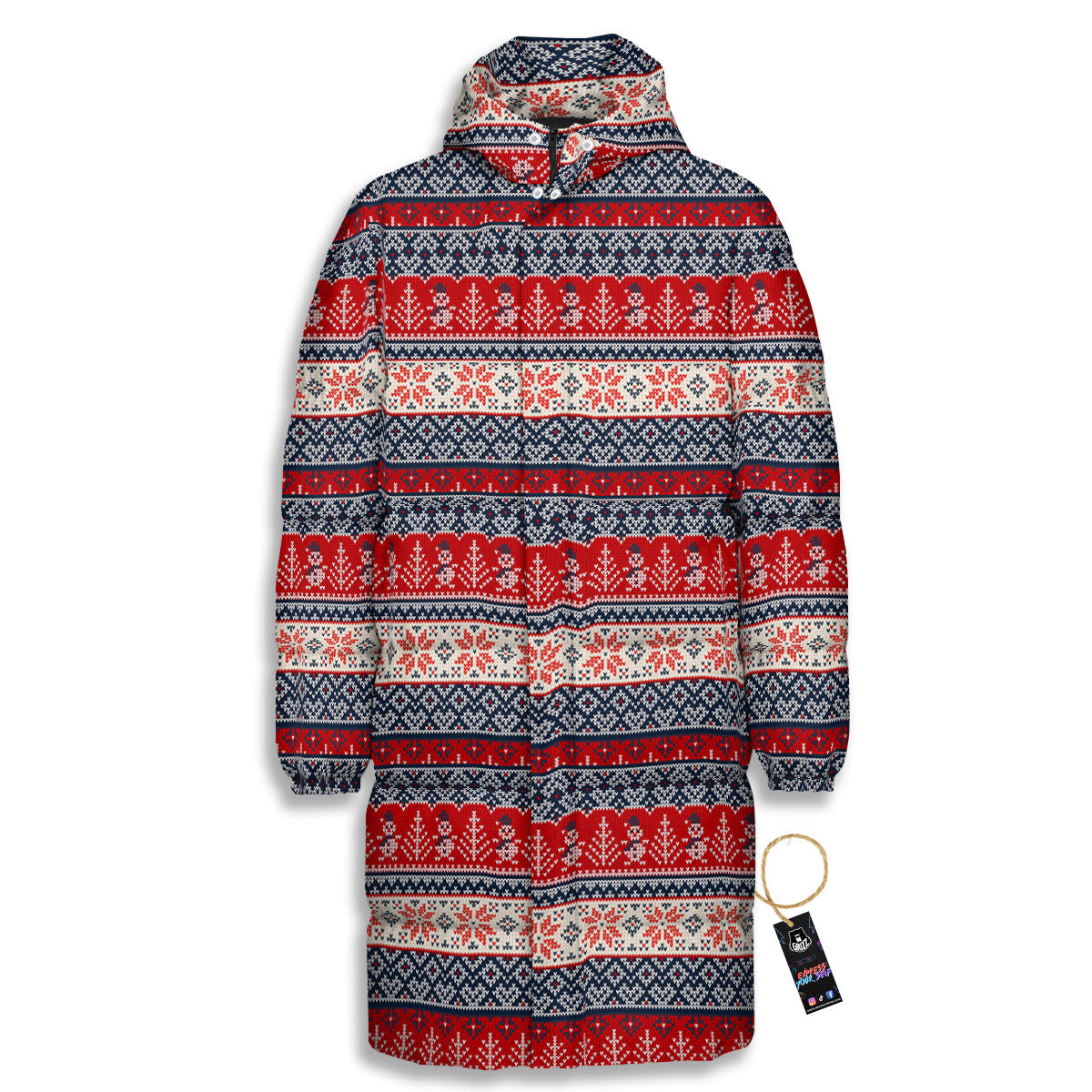 Knitted Christmas Snowman Print Pattern Long Down Jacket-grizzshop