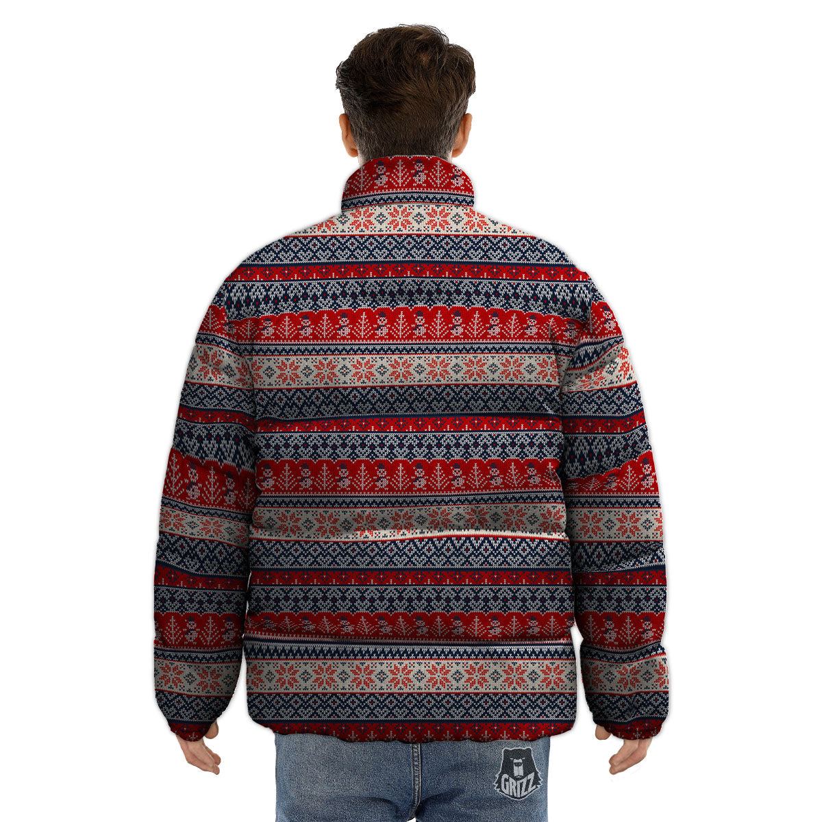Knitted Christmas Snowman Print Pattern Puffer Jacket-grizzshop