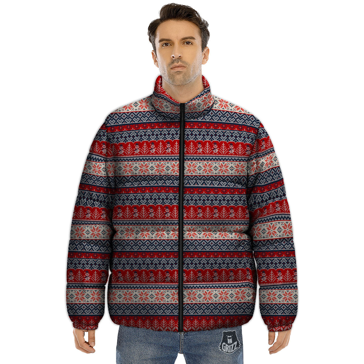 Knitted Christmas Snowman Print Pattern Puffer Jacket-grizzshop