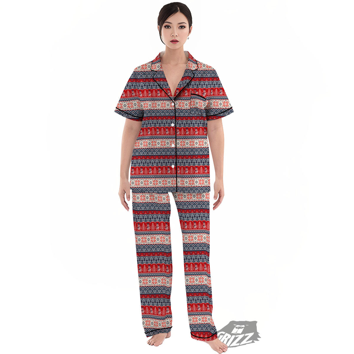 Knitted Christmas Snowman Print Pattern Women's Pajamas Set-grizzshop