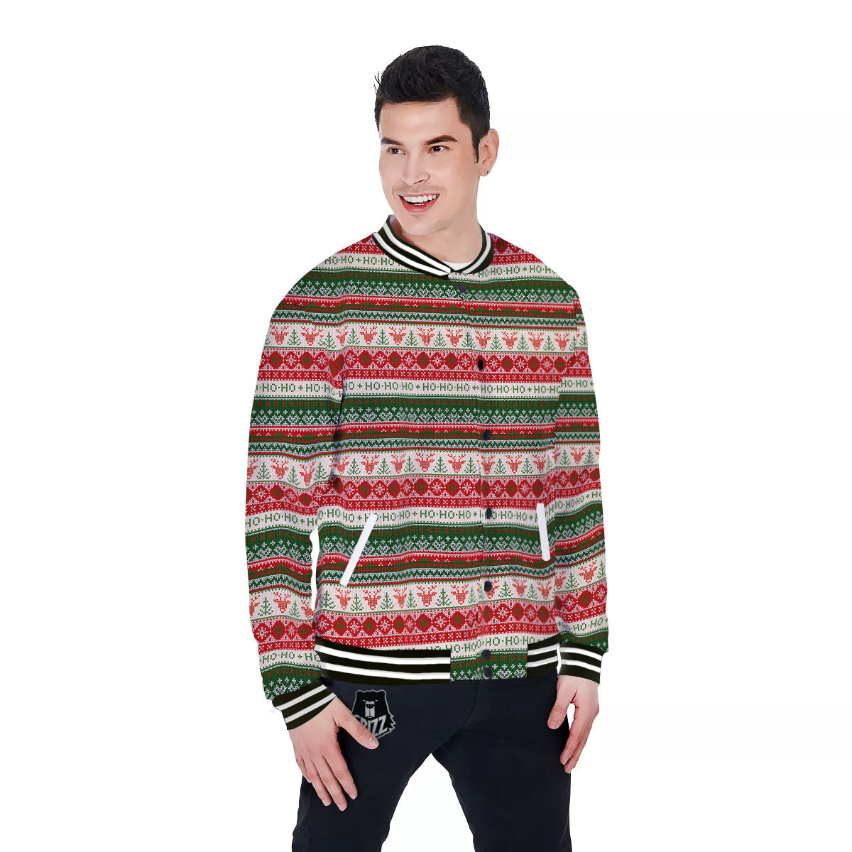 Knitted Christmas Tree Print Pattern Baseball Jacket-grizzshop