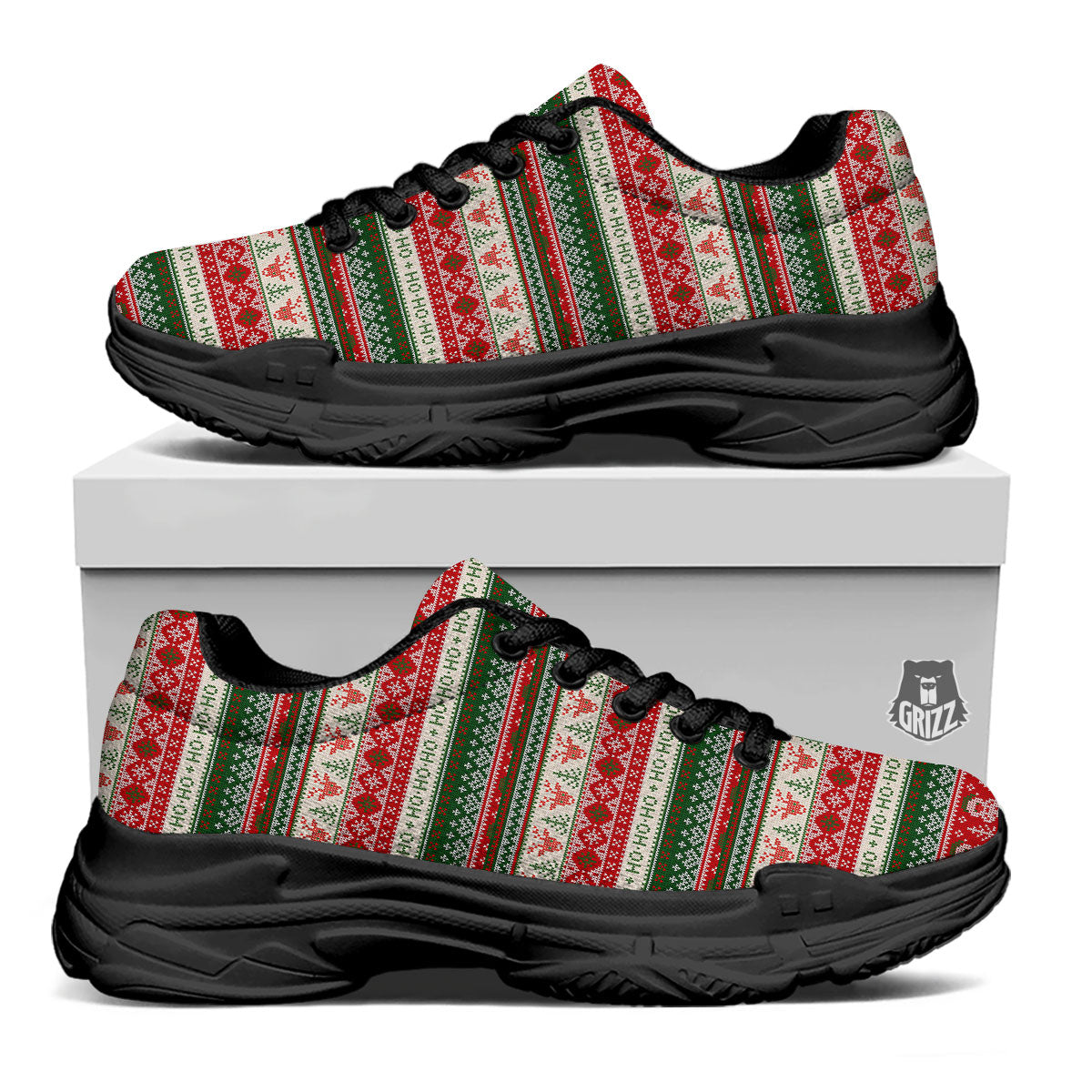 Knitted Christmas Tree Print Pattern Black Chunky Shoes-grizzshop