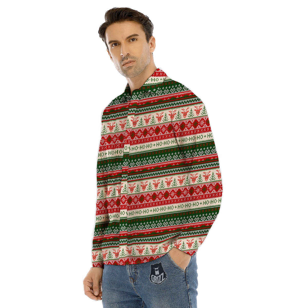 Knitted Christmas Tree Print Pattern Men's Dress Shirts-grizzshop
