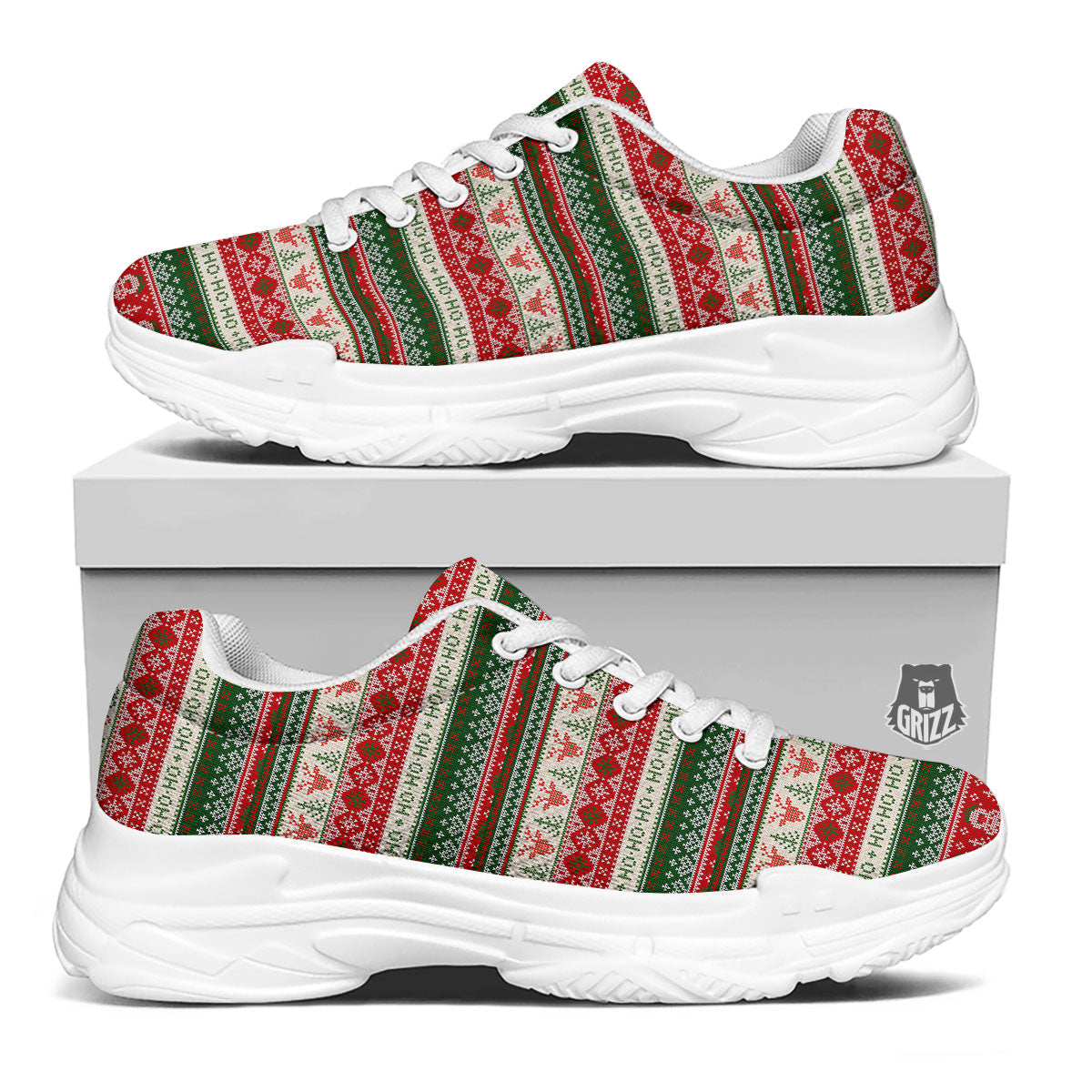 Knitted Christmas Tree Print Pattern White Chunky Shoes-grizzshop