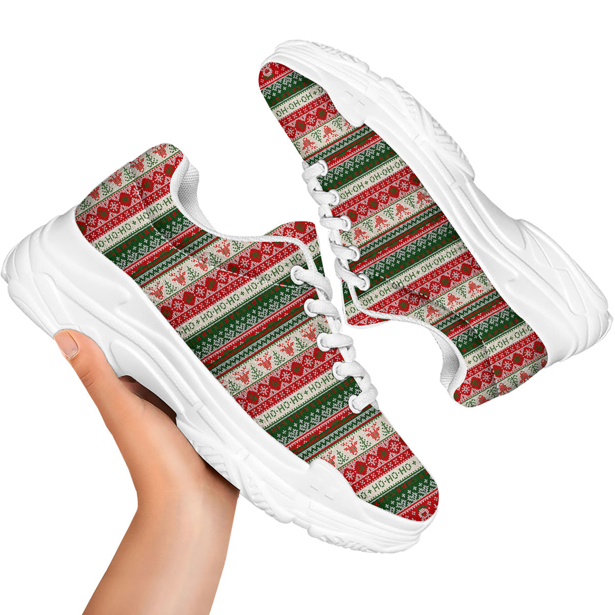 Knitted Christmas Tree Print Pattern White Chunky Shoes-grizzshop