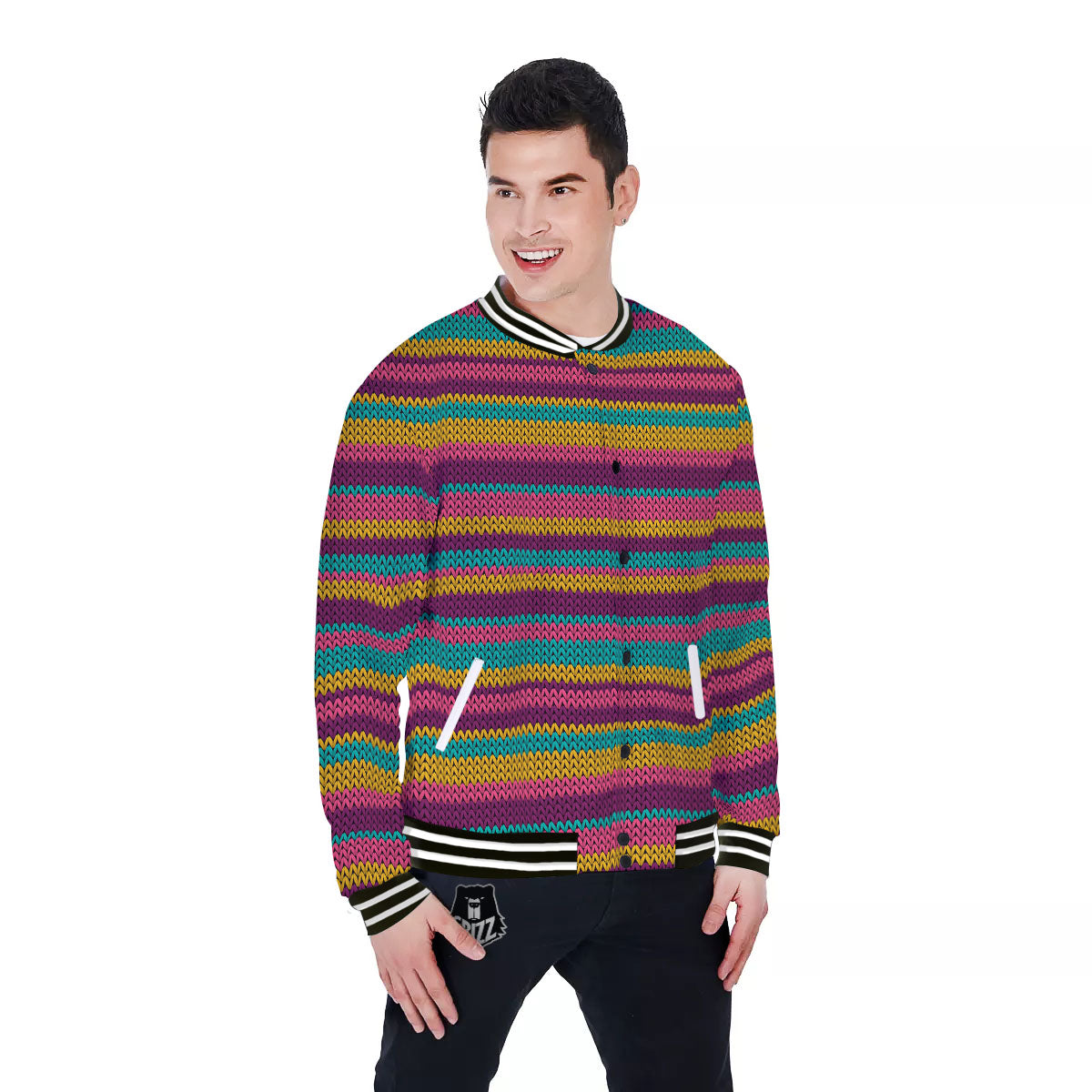 Knitted Colorful Print Pattern Baseball Jacket-grizzshop