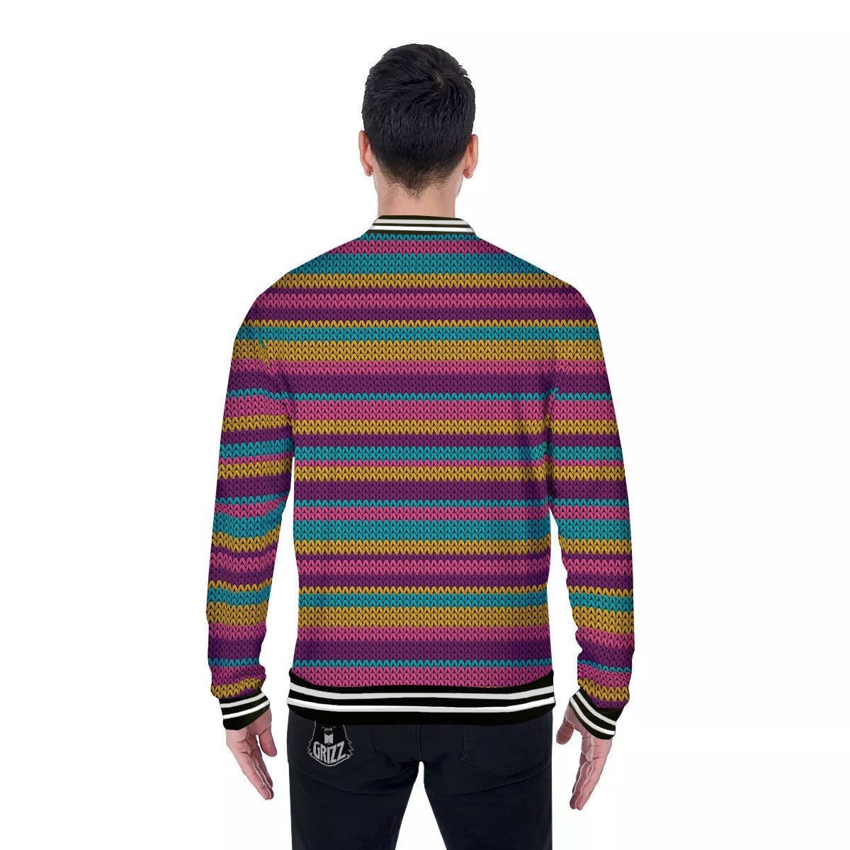 Knitted Colorful Print Pattern Baseball Jacket-grizzshop