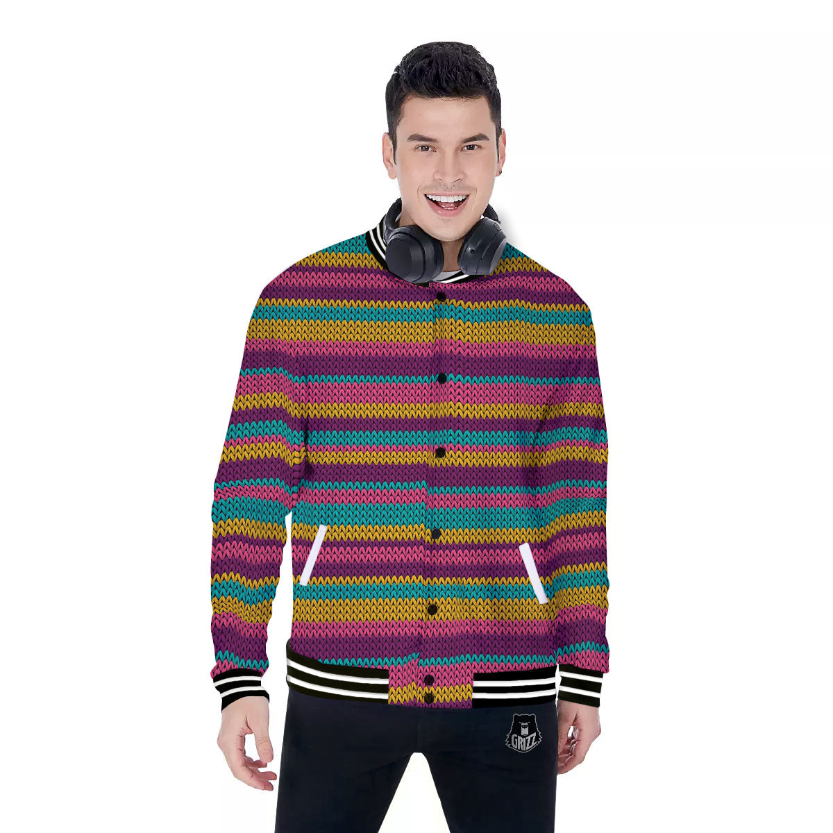 Knitted Colorful Print Pattern Baseball Jacket-grizzshop