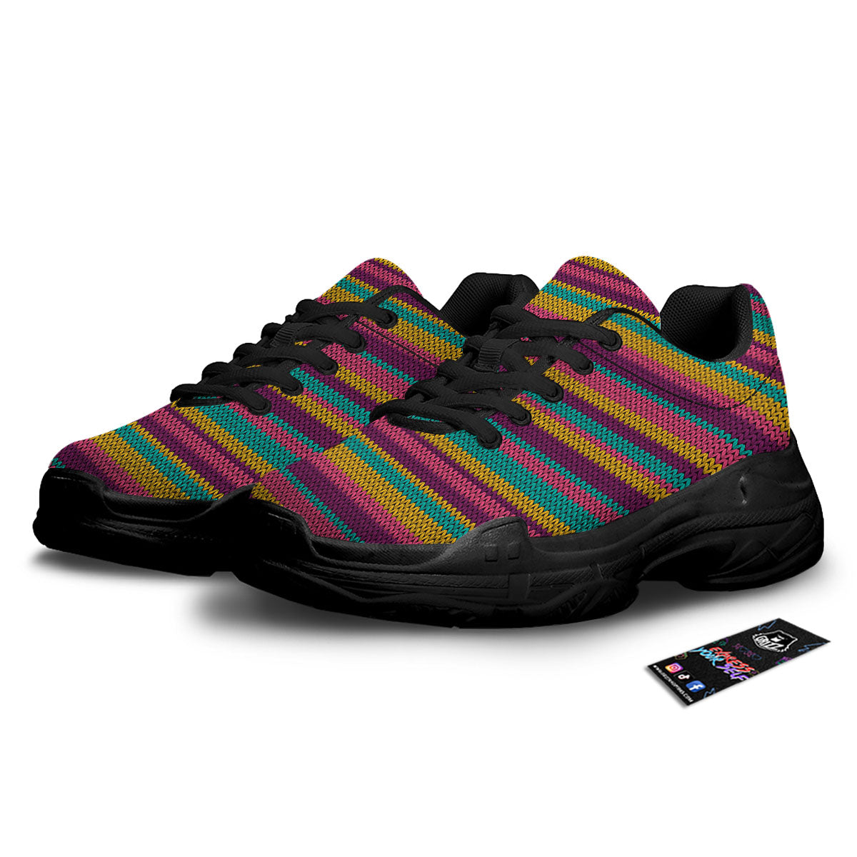 Knitted Colorful Print Pattern Black Chunky Shoes-grizzshop