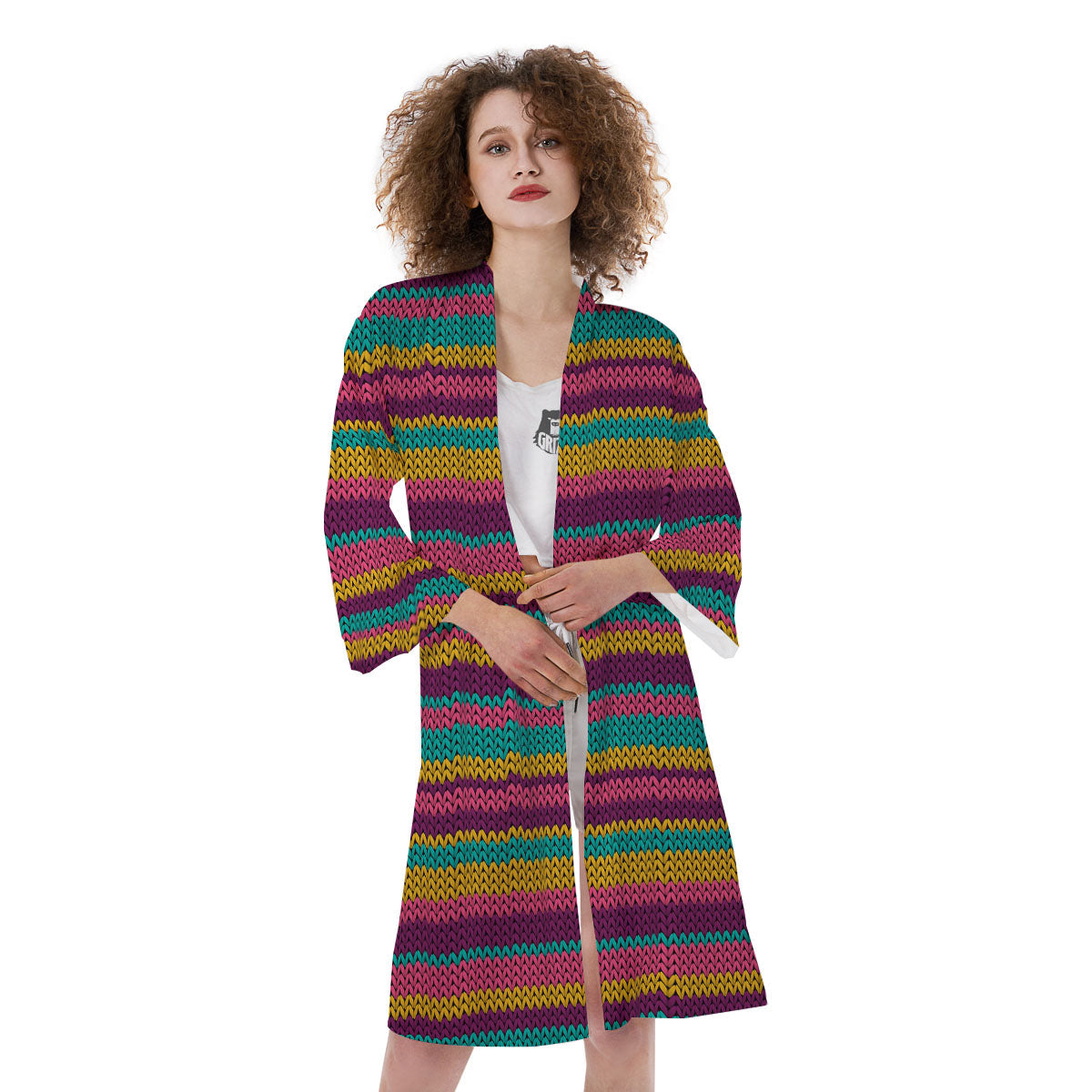 Knitted Colorful Print Pattern Kimono-grizzshop