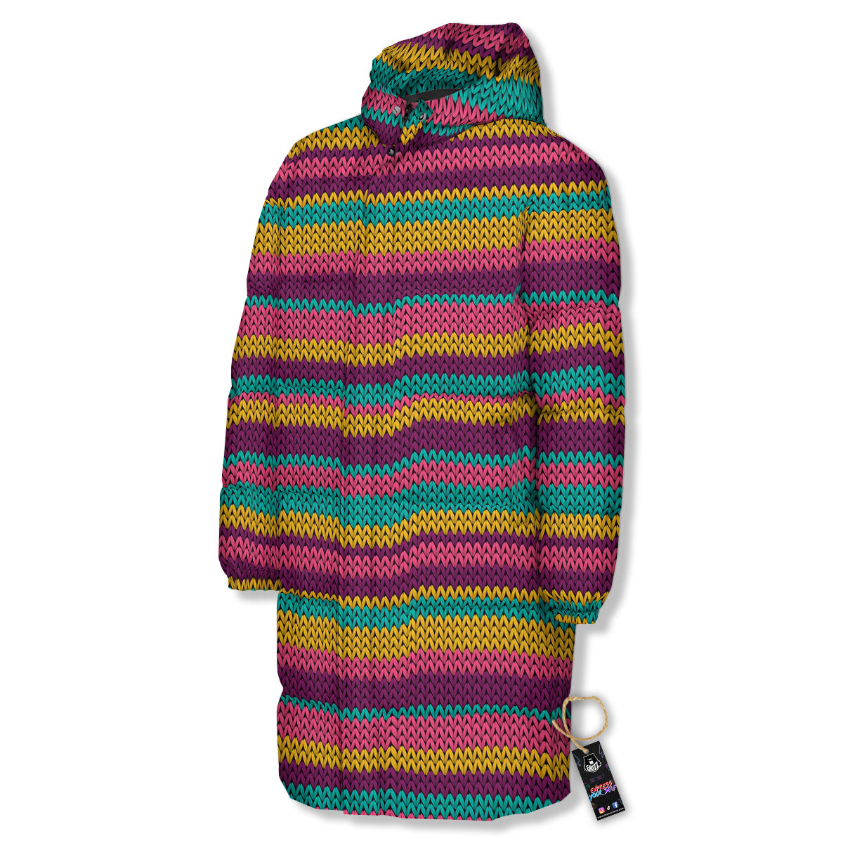 Knitted Colorful Print Pattern Long Down Jacket-grizzshop