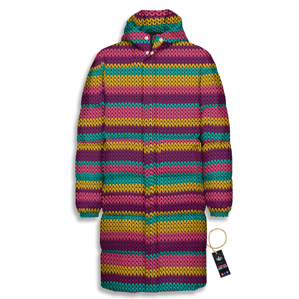 Knitted Colorful Print Pattern Long Down Jacket-grizzshop