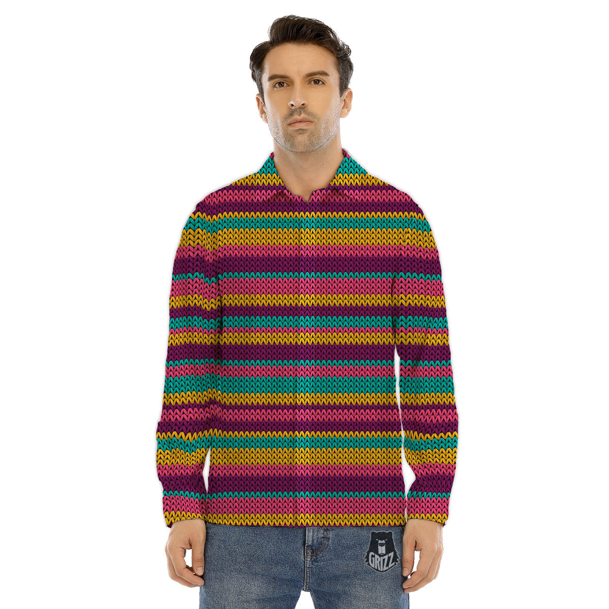 Knitted Colorful Print Pattern Men's Dress Shirts-grizzshop