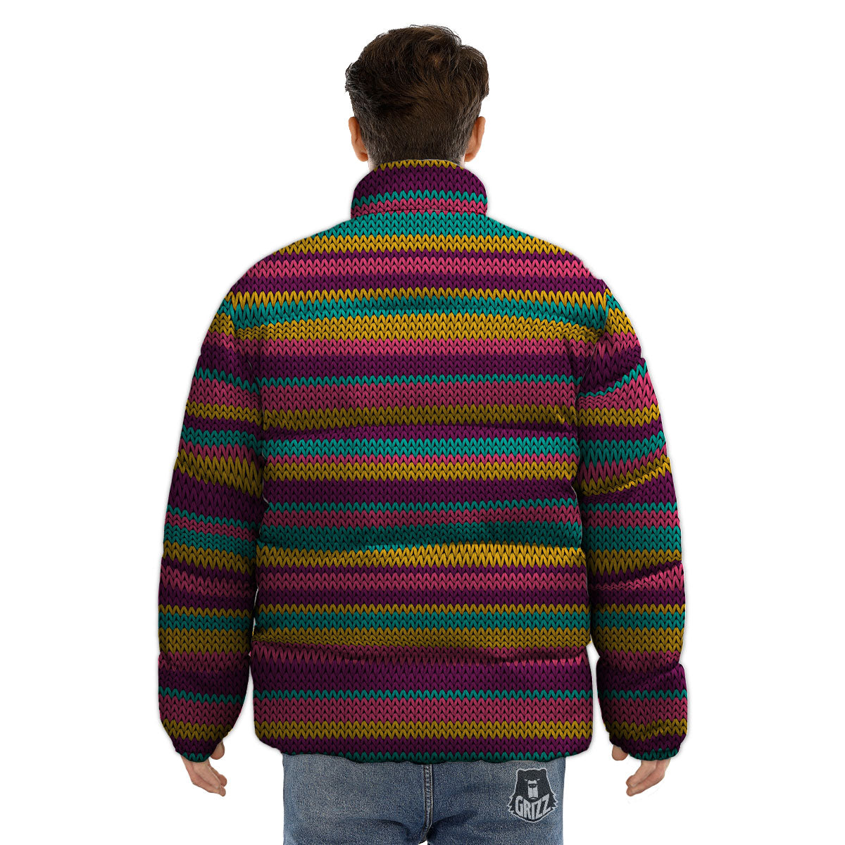 Knitted Colorful Print Pattern Puffer Jacket-grizzshop