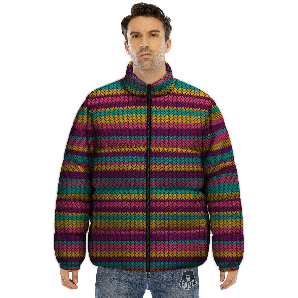 Knitted Colorful Print Pattern Puffer Jacket-grizzshop