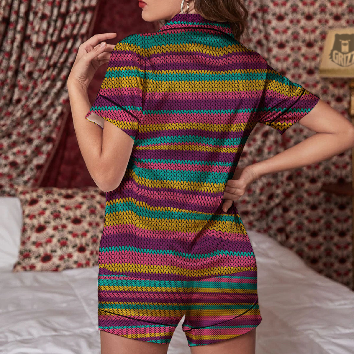 Knitted Colorful Print Pattern Women Silk Pajamas-grizzshop