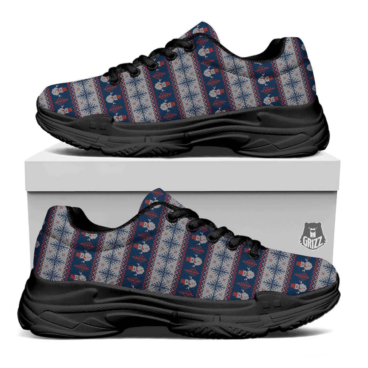 Knitted Cute Snowman Print Pattern Black Chunky Shoes-grizzshop
