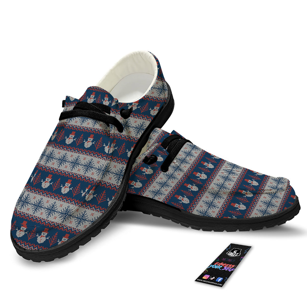 Knitted Cute Snowman Print Pattern Black Loafers-grizzshop